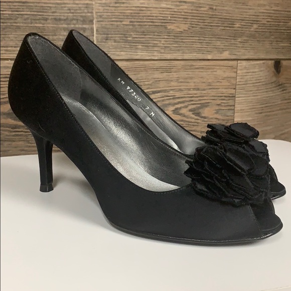 Stuart Weitzman Shoes - STUART WEITZMAN CAMILIA PEEP TOES BLACK SATIN 7